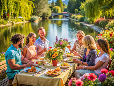 A lively outdoor gathering depicting leisure and human interaction inspired by Renoir's art