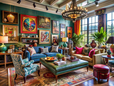 Contemporary living space featuring decorative arts with maximalist art, artisanal crafts, and vintage-modern blends.