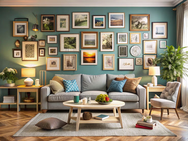 A captivating gallery wall with various framed artworks and photographs in a stylish living room