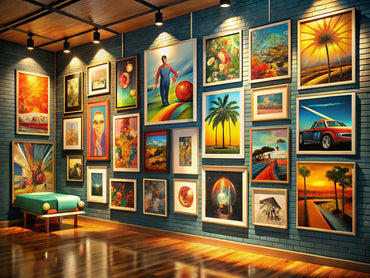 A vibrant collection of retro art prints displayed in a gallery, showcasing nostalgic artistic styles and colors.