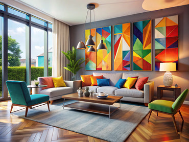 Modern living room with vibrant abstract art and geometric shapes enhancing home design