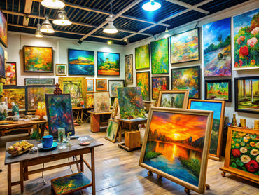 Artists creating modern art reproductions in a vibrant studio using digital printing technology
