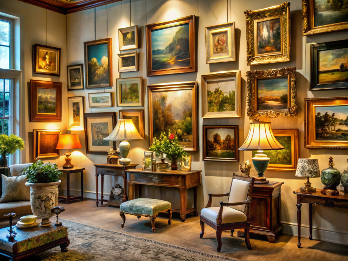 A stylish gallery showcasing vintage art pieces reflecting timeless elegance and trends of 2025.