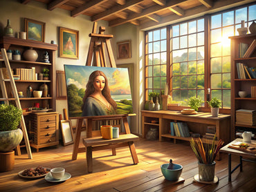 Art studio with a reproduction of the Mona Lisa, showcasing timeless beauty and creativity in art.