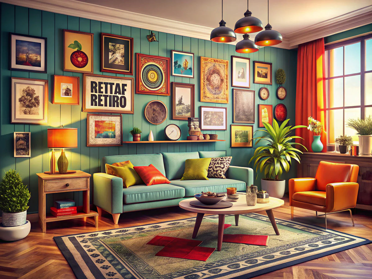 Living room transformed with vibrant retro art pieces enhancing home decor