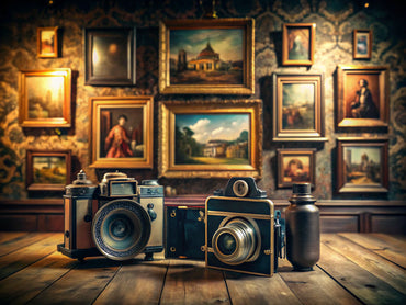 Classic Art Photography showcasing vintage cameras and timeless art pieces in a gallery setting