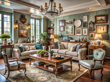 A stylish living room showcasing a blend of vintage and modern decor elements for a unique home aesthetic.