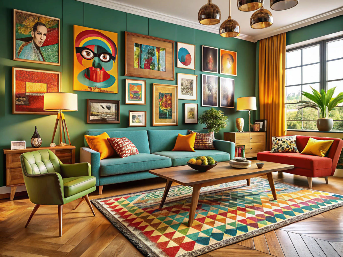 Stylish living room showcasing a blend of mid-century modern, art deco, and pop art elements for a vibrant home decor.