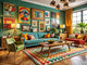 Stylish living room showcasing a blend of mid-century modern, art deco, and pop art elements for a vibrant home decor.