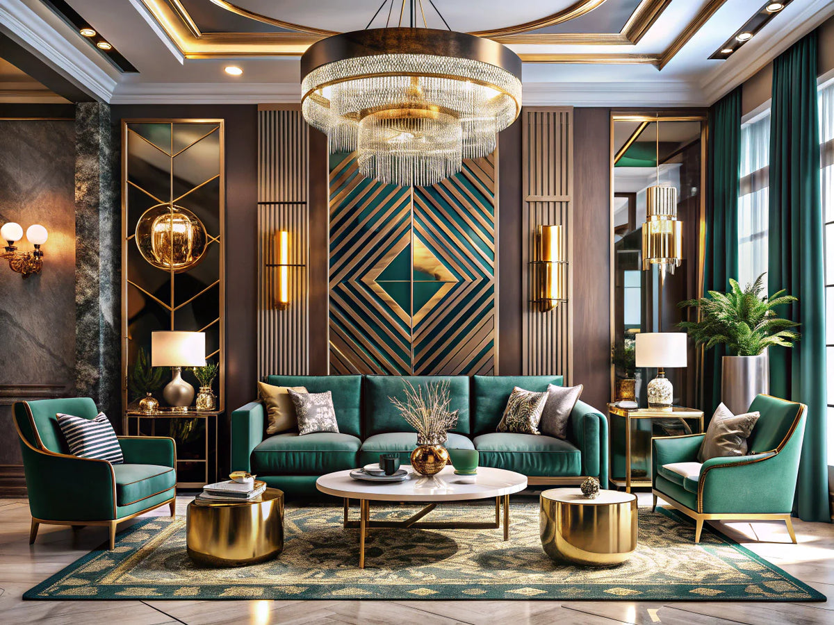 Luxurious modern living room featuring art deco design elements with bold geometric patterns and elegant materials.