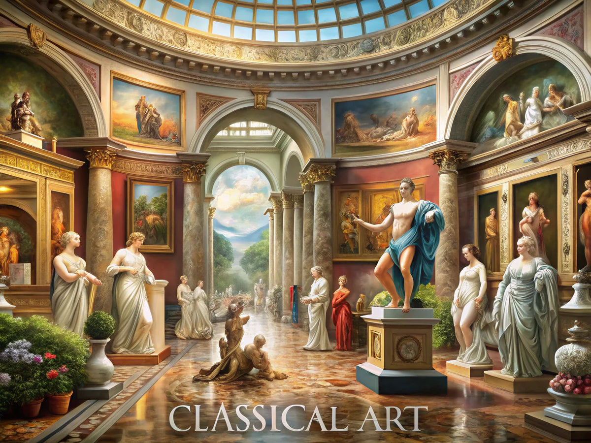 Classical art showcasing famous sculptures and paintings, highlighting the importance of classical art through time.