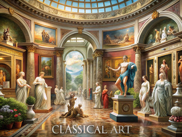 Classical art showcasing famous sculptures and paintings, highlighting the importance of classical art through time.