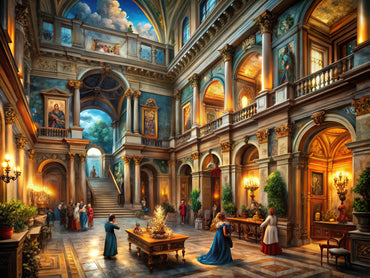 Renaissance art scene showcasing timeless beauty and iconic elements, blending historical and modern decor.