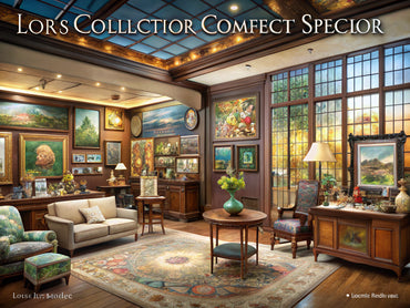 Art collector's space showcasing the evolution of art collecting with elements inspired by Louis Comfort Tiffany's 'The Village Peddler'.