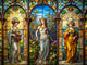 Artistic scene blending Tiffany's Art Nouveau glasswork and da Vinci's Renaissance sculptures