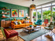Modern living room showcasing a blend of retro art and contemporary design elements