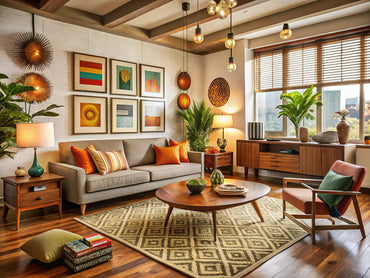 Mid-century modern living space with vintage art and retro decor elements