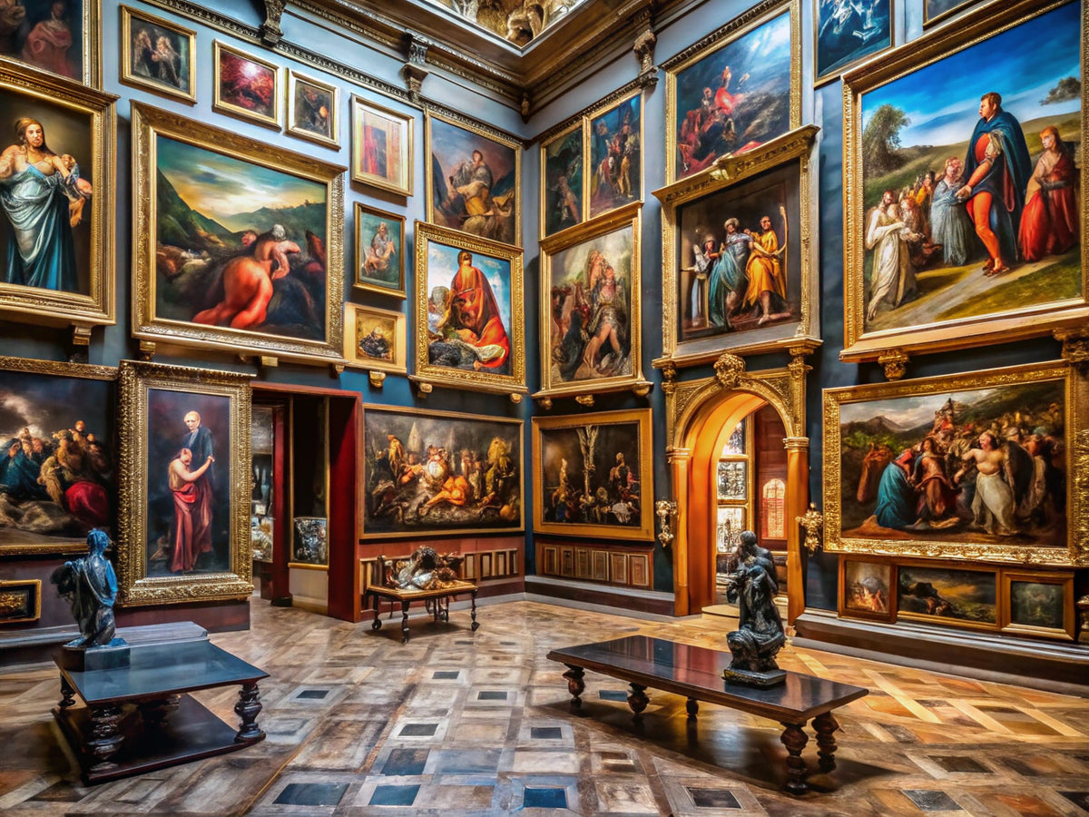 A collection of iconic Renaissance art pieces displayed in a gallery setting