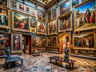 A collection of iconic Renaissance art pieces displayed in a gallery setting