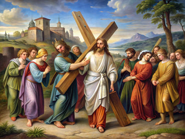 Renaissance art inspired scene featuring elements from the Mona Lisa and Christ Carrying the Cross