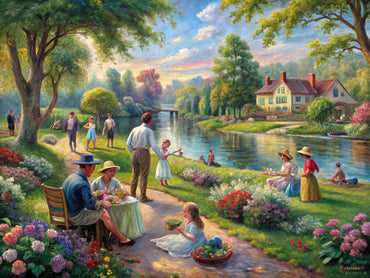 Vibrant impressionist landscape depicting a nostalgic outdoor gathering, capturing the spirit of a bygone era.