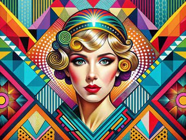 A vibrant blend of Art Deco and Pop Art styles showcasing geometric patterns and bold colors.