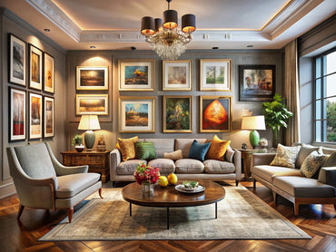 Modern living room showcasing art reproductions that blend classic and contemporary styles