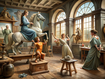 Renaissance art studio showcasing sculptures inspired by Leonardo da Vinci's Galloping Rider and Head of Leda