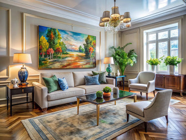 Modern living room with Impressionist art harmonizing with contemporary décor