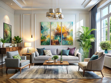 Modern living room decor featuring Impressionist art elements blended with contemporary furniture.