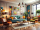 A modern living room beautifully blending retro art with contemporary decor elements.