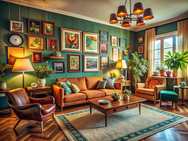 Living room decorated with retro style art and vintage furniture, showcasing a nostalgic home decor theme.