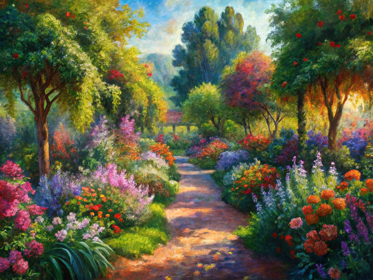 Impressionist garden scene inspired by the styles of Renoir and Tiffany, showcasing vibrant colors and soft brush strokes.