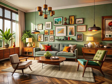Modern living room featuring retro wall art and vintage decor elements
