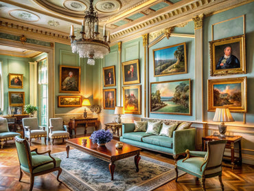 Modern interior design featuring classical art and impressionism, creating a timeless appeal.