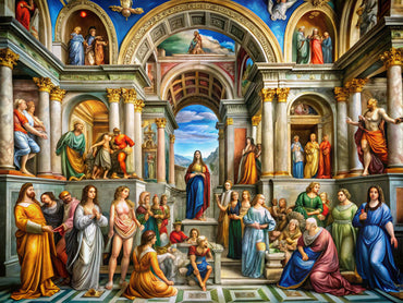 A captivating representation of Renaissance art featuring classical sculptures and vibrant paintings that highlight the beauty and historical significance of the era.