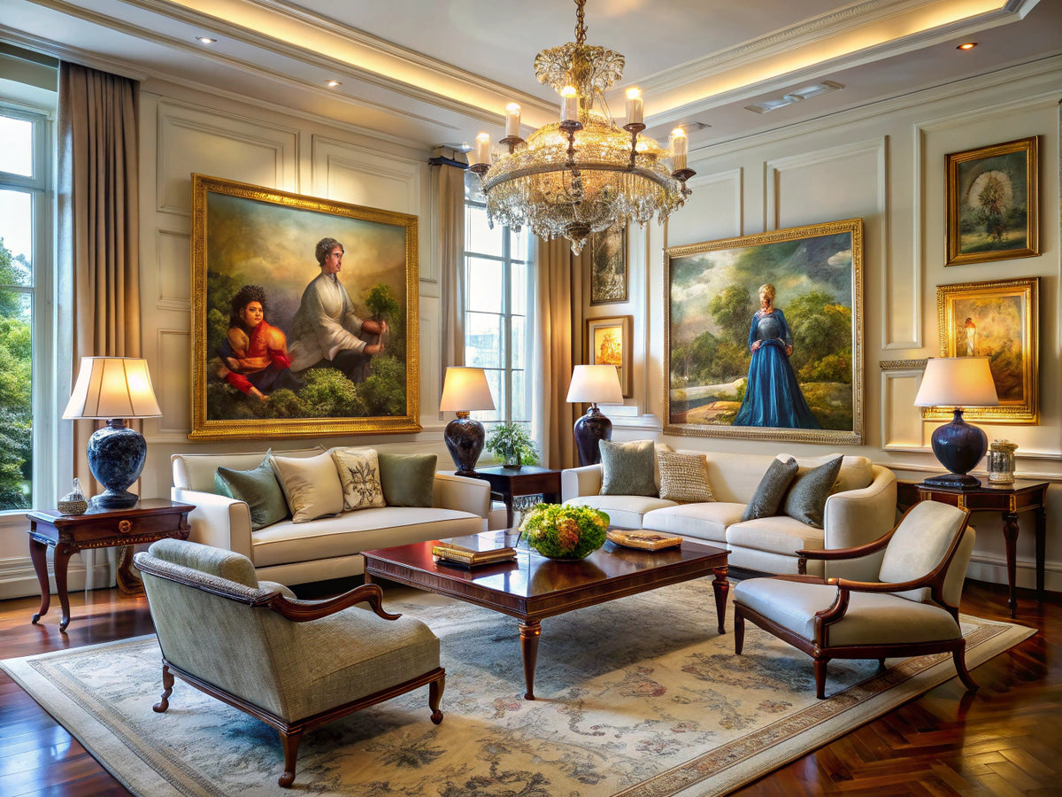 Modern living room showcasing classical art pieces and elegant decor