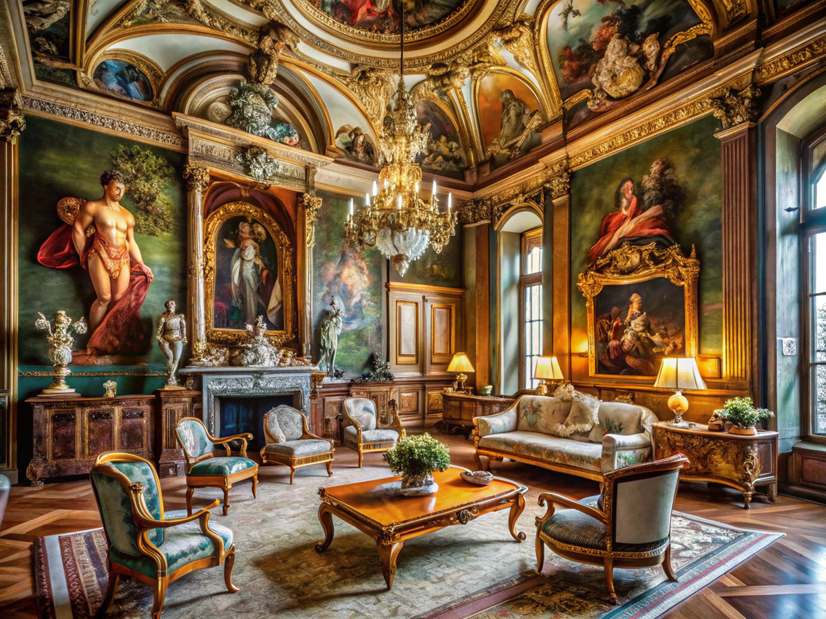 Modern interior design inspired by Renaissance art, featuring ornate furniture and classical sculptures.