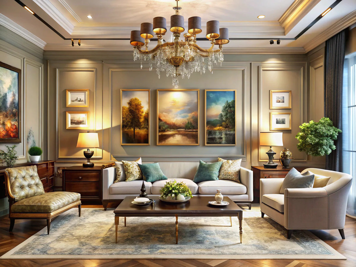 Interior showcasing classic art reproductions and modern wall art for home decor