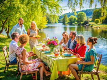 Vibrant outdoor gathering scene inspired by impressionist art, showcasing joy and social interaction.