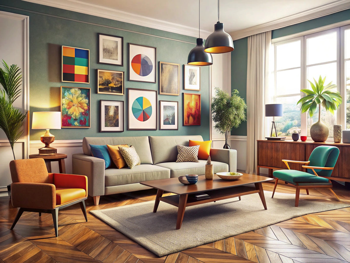 Modern living room with retro art decor elements blending contemporary and nostalgic styles