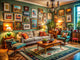 Cozy living room with retro art decor, featuring vintage art styles like Impressionism and Decorative Arts for retro home decor.