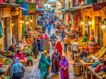 Vibrant market day scene reflecting cultural diversity and artistic beauty inspired by Louis Comfort Tiffany