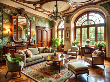 Modern living room infused with Art Nouveau elegance and floral designs
