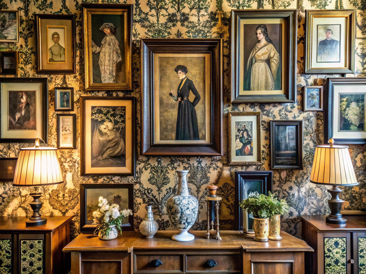 Vintage art display inspired by Aubrey Beardsley's iconic style in a cozy decor setting