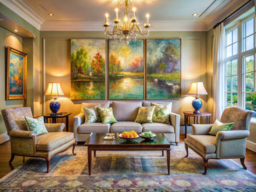 Modern living room showcasing Impressionist art, blending contemporary decor with retro art elements.