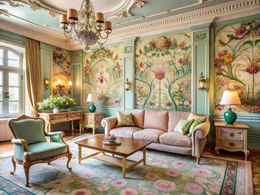 Modern living space featuring Alphonse Mucha's Art Nouveau style with elegant floral patterns and Belle Époque elegance.
