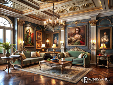 Living room blending Renaissance art with modern interior design, featuring classical sculptures and contemporary decor.