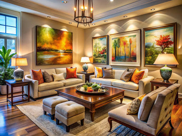 A beautifully decorated living room showcasing various art pieces that enhance the space.