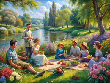 A lively outdoor picnic scene reflecting the vibrancy and joy of Impressionist art, showcasing social interaction and colorful surroundings.